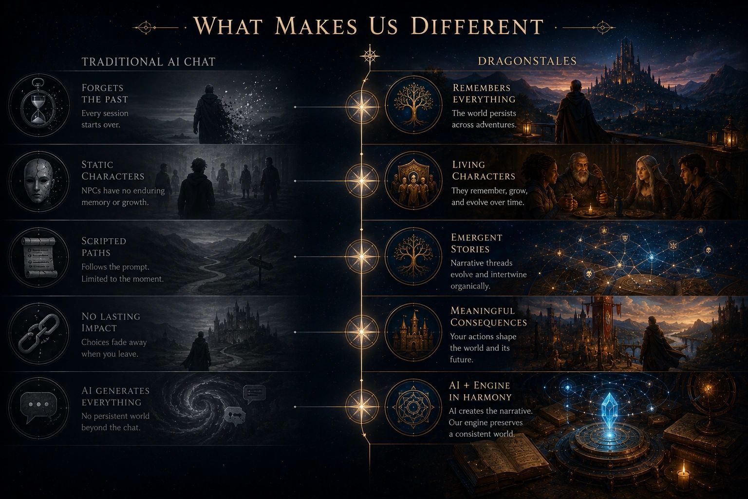 Transient AI conversation contrasted with a connected persistent world