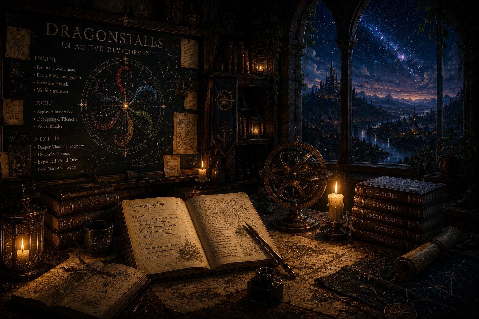 A candlelit development archive overlooking a persistent fantasy world