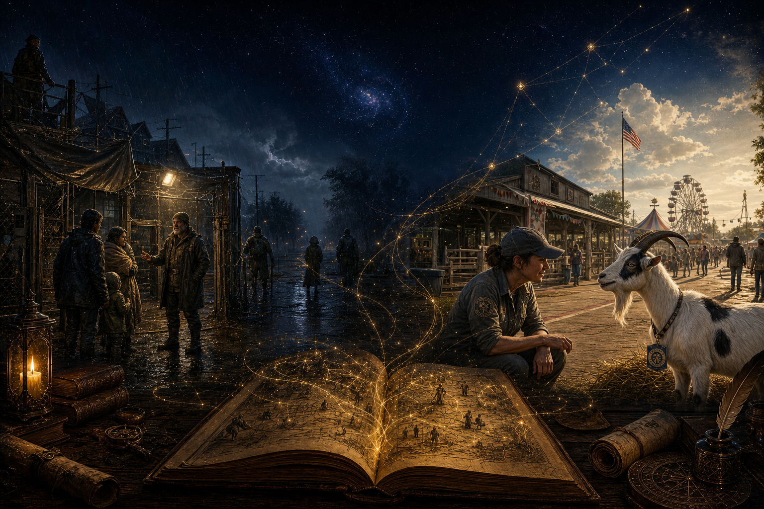 An open story journal linking a guarded family at a rain-soaked neighborhood gate with a civic worker speaking to Comet at a sunny county fair