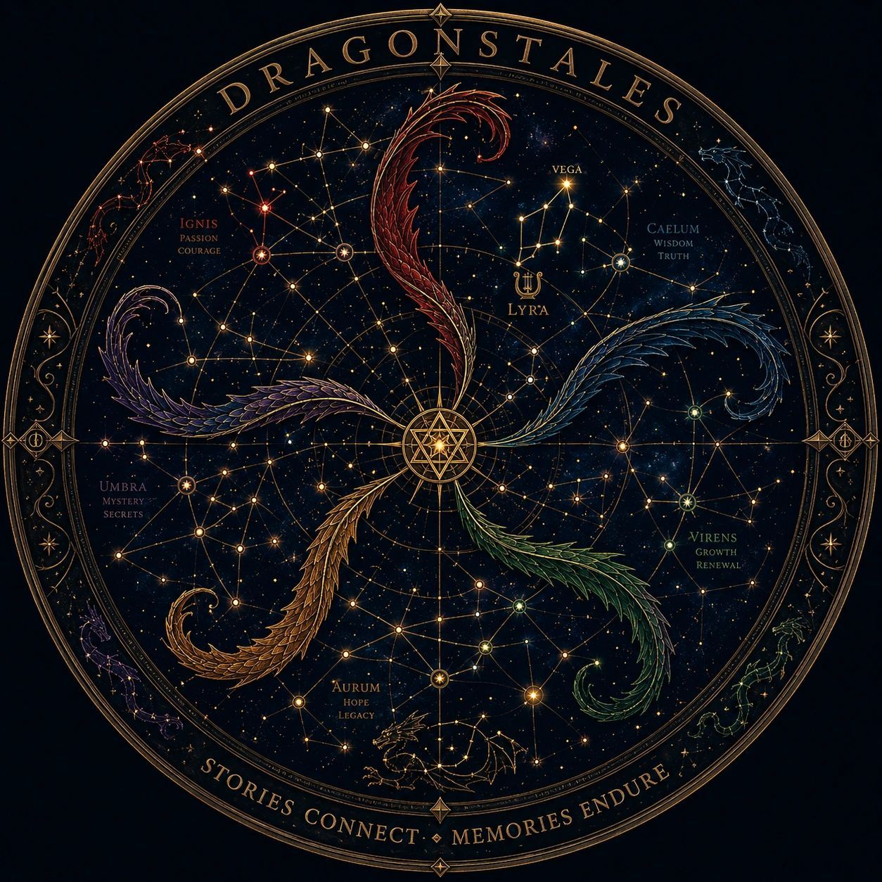 A celestial medallion connecting six dragon constellations around a radiant center