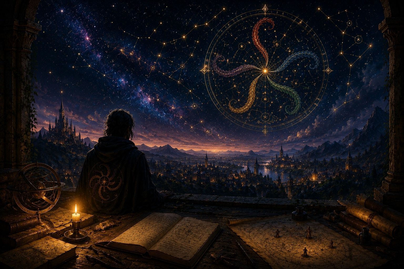 A traveler overlooking a living city connected by constellations of persistent history