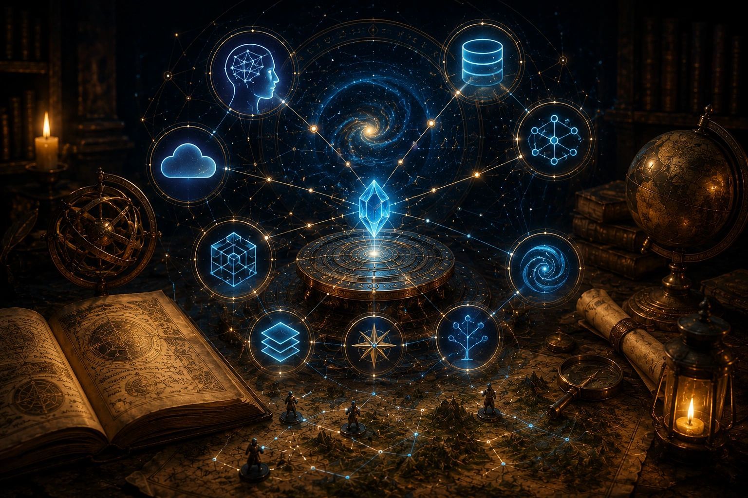 A luminous narrative engine linking models, canonical data, tools, and a simulated world